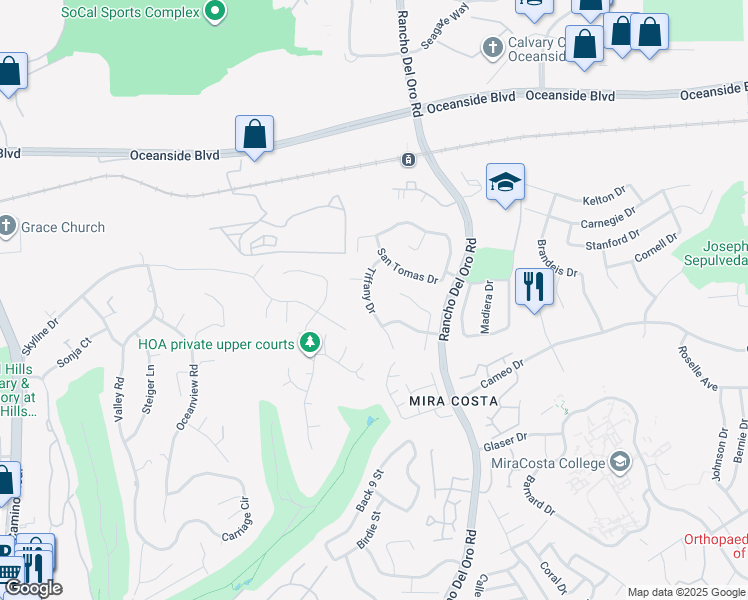 map of restaurants, bars, coffee shops, grocery stores, and more near 2070 Tiffany Drive in Oceanside