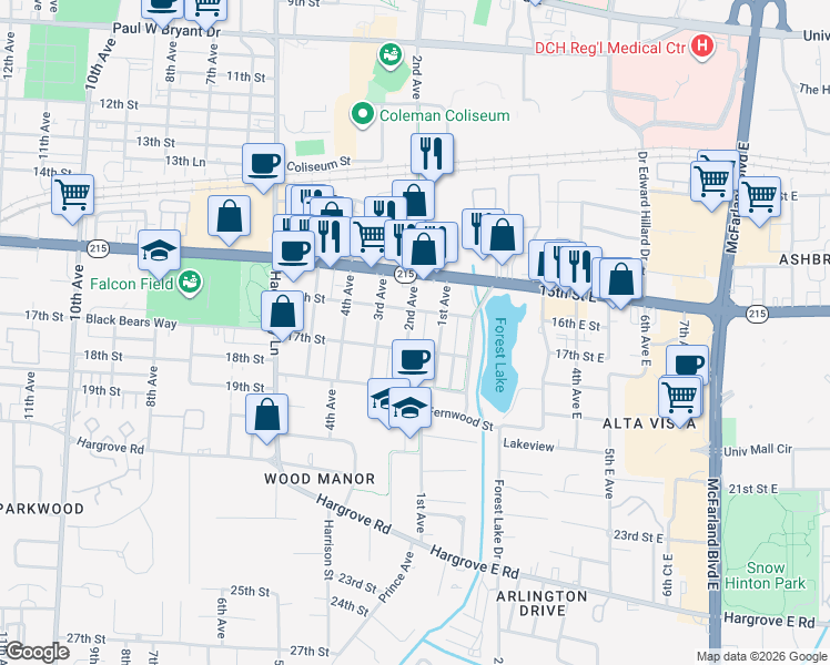 map of restaurants, bars, coffee shops, grocery stores, and more near 1610 1st Avenue in Tuscaloosa