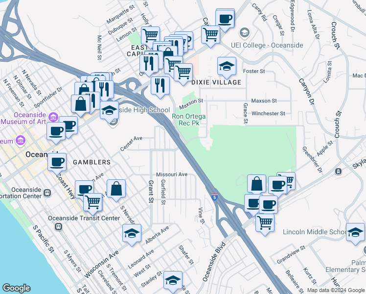 map of restaurants, bars, coffee shops, grocery stores, and more near 378 Country Club Lane in Oceanside