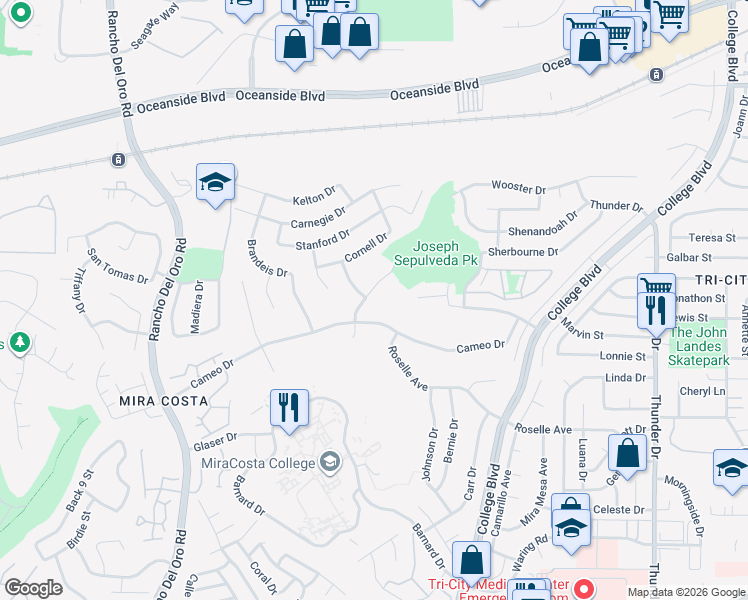 map of restaurants, bars, coffee shops, grocery stores, and more near 2872 Colgate Drive in Oceanside