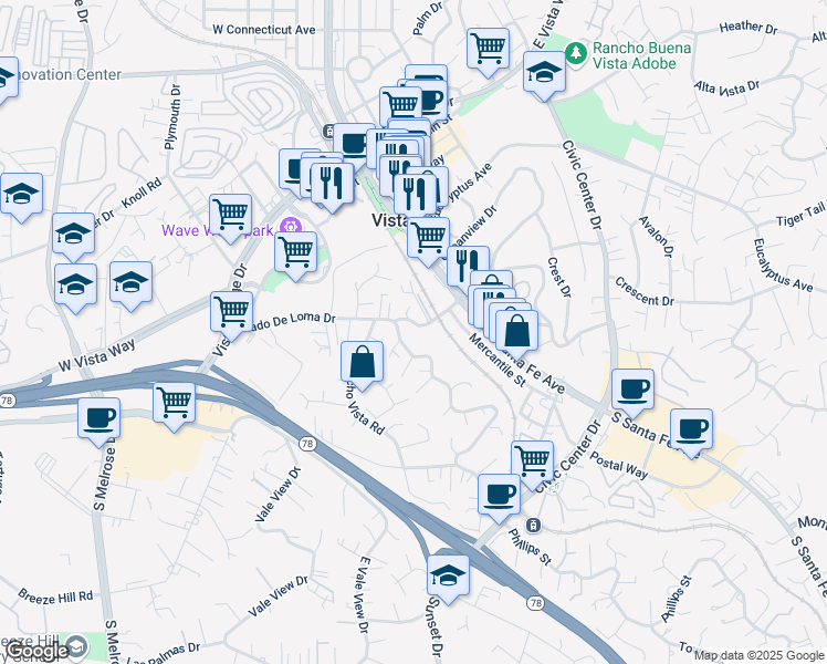 map of restaurants, bars, coffee shops, grocery stores, and more near 230 Guajome Street in Vista