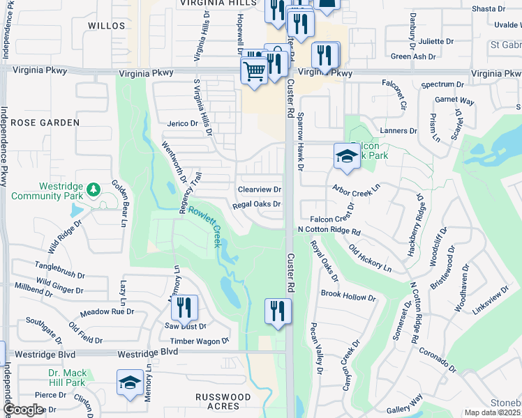 map of restaurants, bars, coffee shops, grocery stores, and more near 9201 Regal Oaks Drive in McKinney