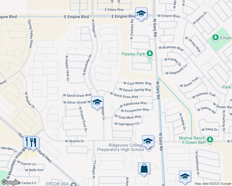 map of restaurants, bars, coffee shops, grocery stores, and more near 2036 West Quick Draw Way in Queen Creek