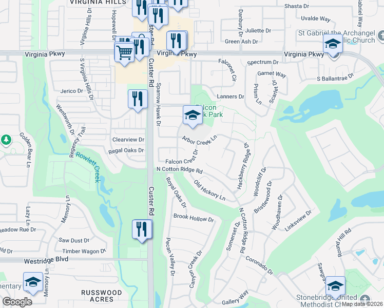 map of restaurants, bars, coffee shops, grocery stores, and more near 8609 Falcon Crest Drive in McKinney