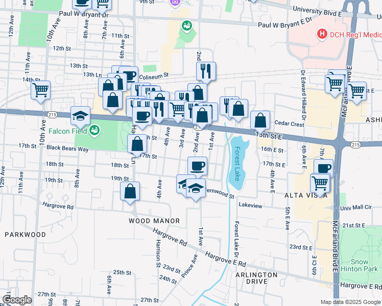map of restaurants, bars, coffee shops, grocery stores, and more near 1614 2nd Avenue in Tuscaloosa