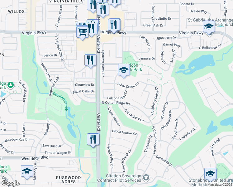 map of restaurants, bars, coffee shops, grocery stores, and more near 8709 Aviary Drive in McKinney
