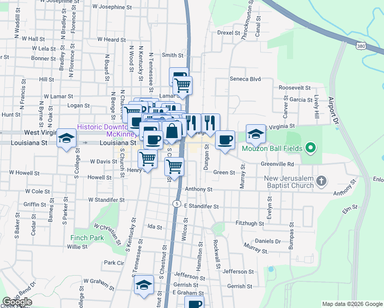 map of restaurants, bars, coffee shops, grocery stores, and more near 120 Wilcox Street in McKinney