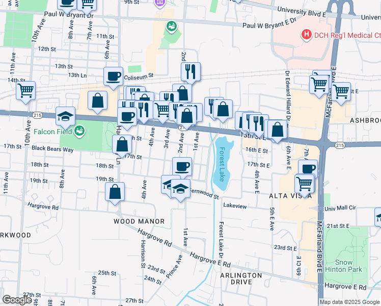 map of restaurants, bars, coffee shops, grocery stores, and more near 1610 1st Avenue in Tuscaloosa