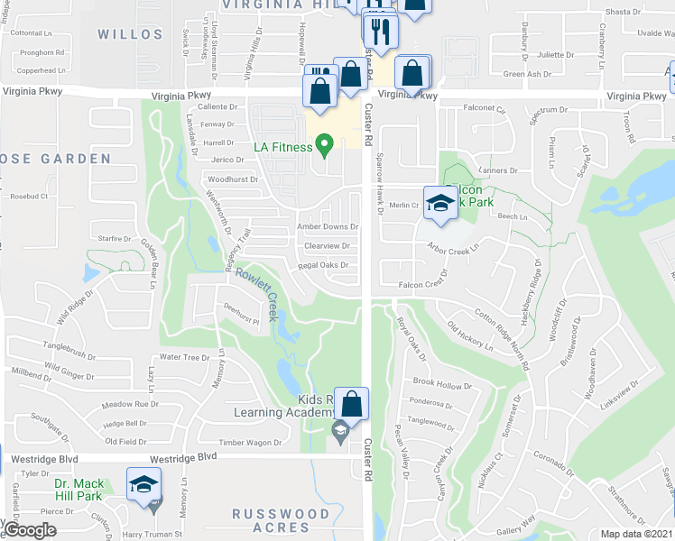 map of restaurants, bars, coffee shops, grocery stores, and more near 9113 Regal Oaks Drive in McKinney