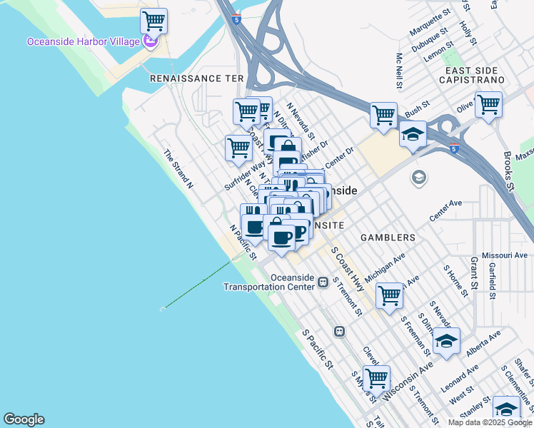 map of restaurants, bars, coffee shops, grocery stores, and more near 371 North Cleveland Street in Oceanside