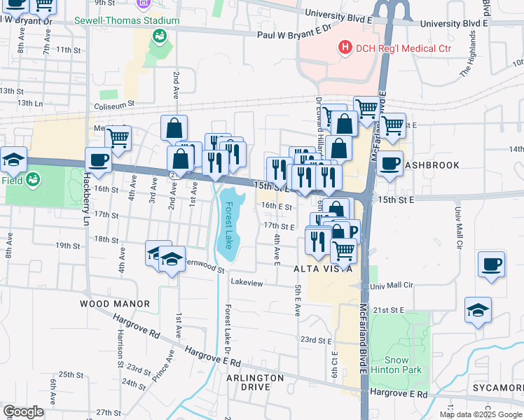 map of restaurants, bars, coffee shops, grocery stores, and more near 305 16th Street East in Tuscaloosa