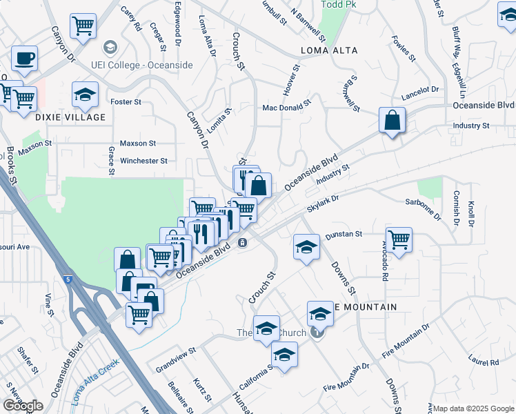 map of restaurants, bars, coffee shops, grocery stores, and more near 2026 Oceanside Boulevard in Oceanside