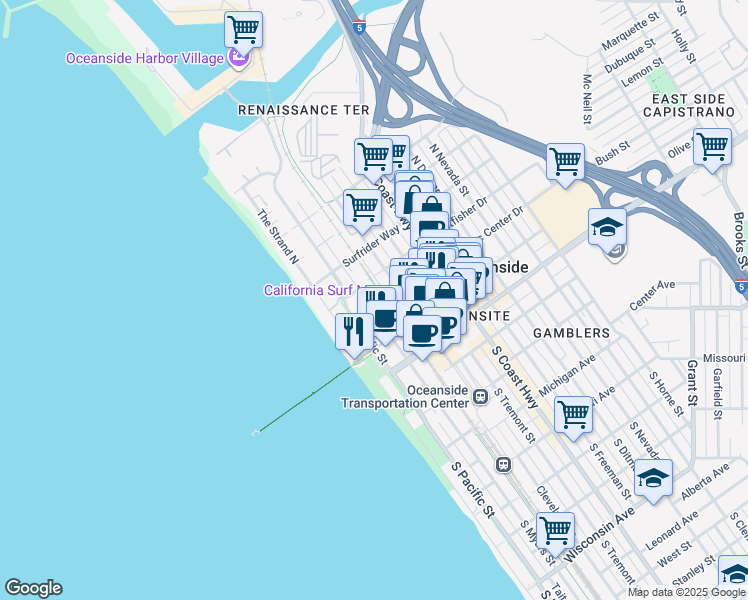 map of restaurants, bars, coffee shops, grocery stores, and more near 400 North Myers Street in Oceanside