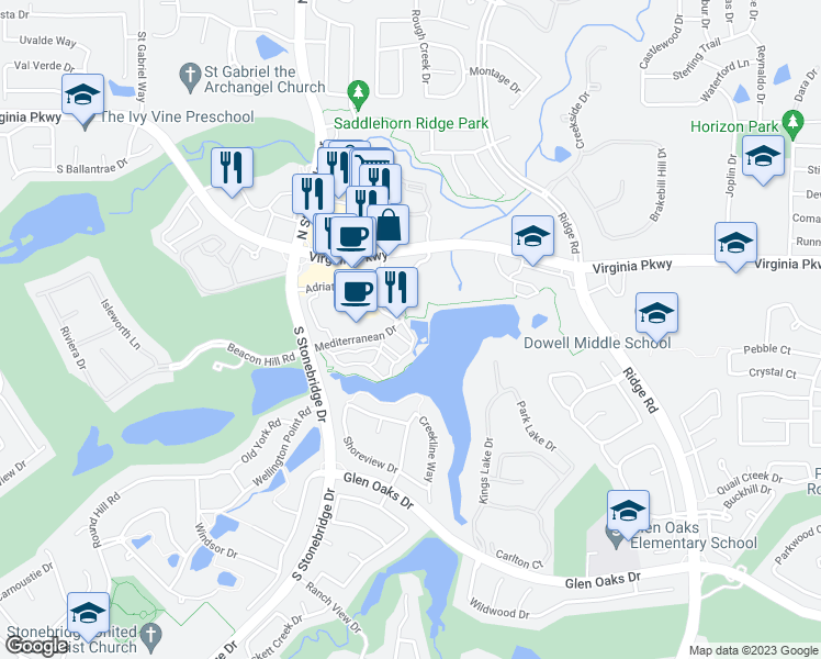 map of restaurants, bars, coffee shops, grocery stores, and more near 6633 Mediterranean Drive in McKinney