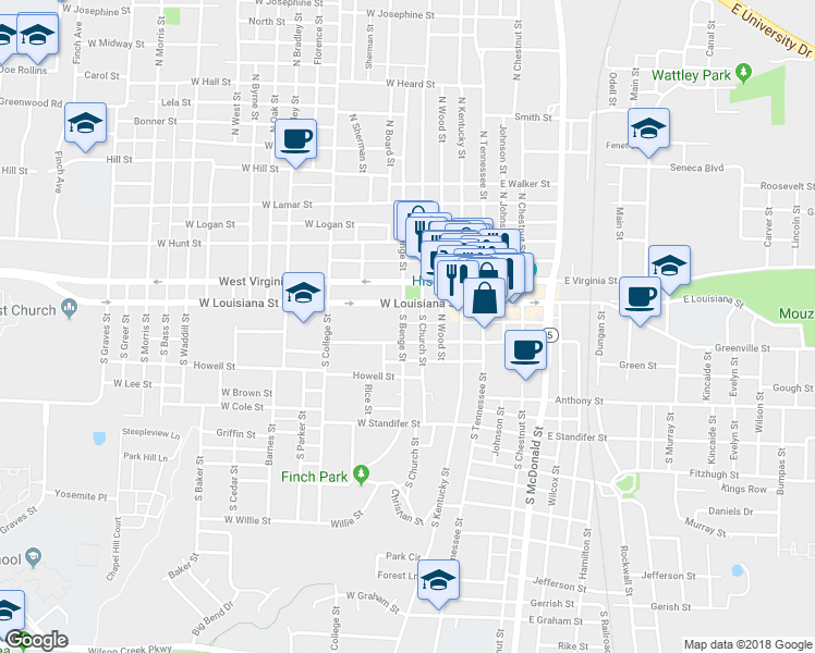 map of restaurants, bars, coffee shops, grocery stores, and more near 109 South Benge Street in McKinney