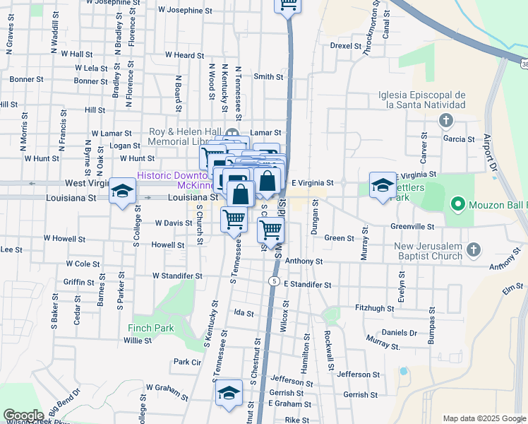 map of restaurants, bars, coffee shops, grocery stores, and more near 120 South Chestnut Street in McKinney