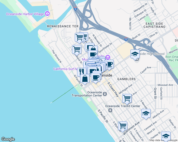 map of restaurants, bars, coffee shops, grocery stores, and more near 314 North Cleveland Street in Oceanside