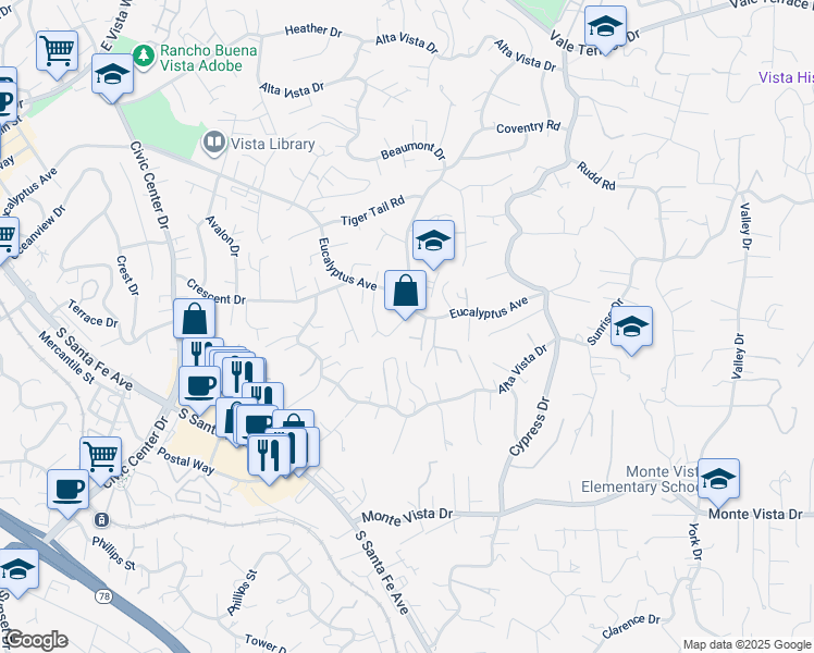 map of restaurants, bars, coffee shops, grocery stores, and more near 1178 Patricia Circle in Vista