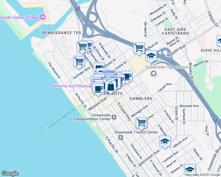 map of restaurants, bars, coffee shops, grocery stores, and more near in Oceanside