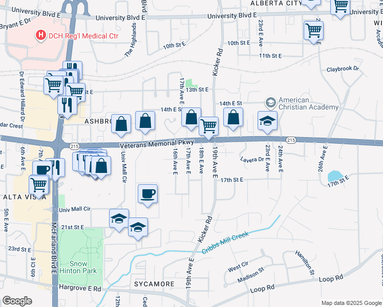 map of restaurants, bars, coffee shops, grocery stores, and more near 1517 17th Avenue East in Tuscaloosa