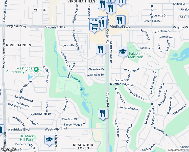 map of restaurants, bars, coffee shops, grocery stores, and more near 9201 Regal Oaks Drive in McKinney