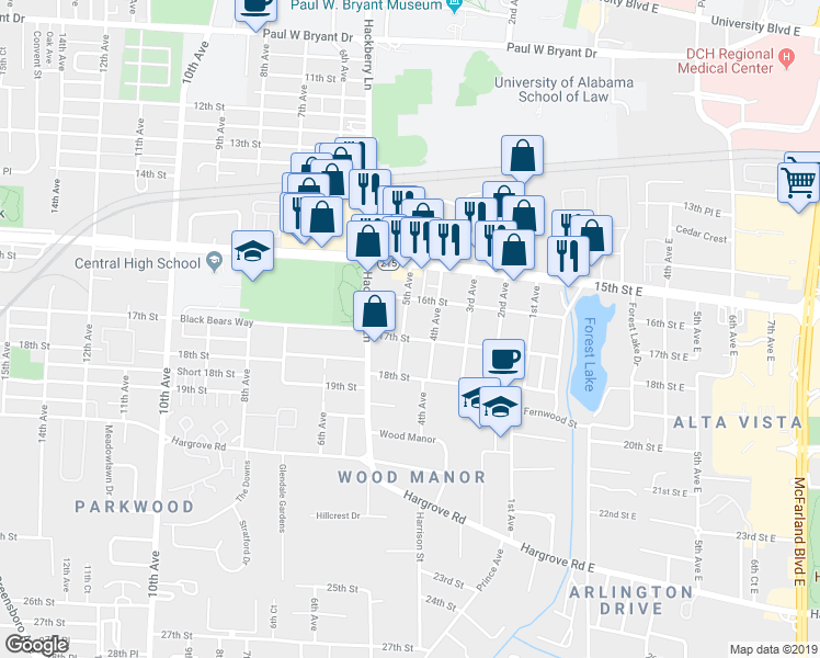 map of restaurants, bars, coffee shops, grocery stores, and more near 1613 5th Avenue in Tuscaloosa