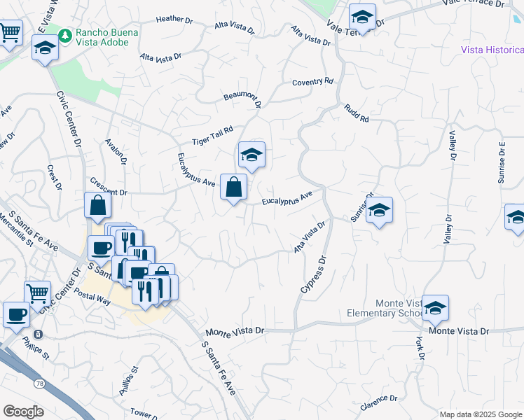 map of restaurants, bars, coffee shops, grocery stores, and more near 1201 Eucalyptus Avenue in Vista