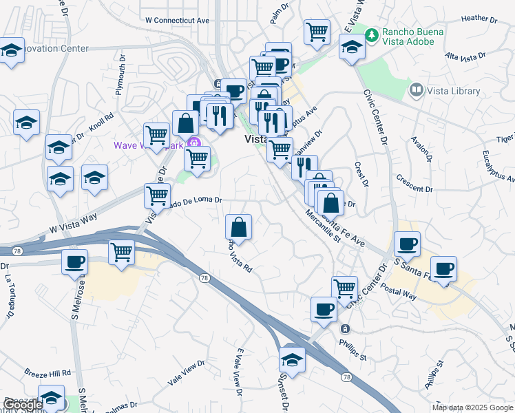 map of restaurants, bars, coffee shops, grocery stores, and more near in Vista