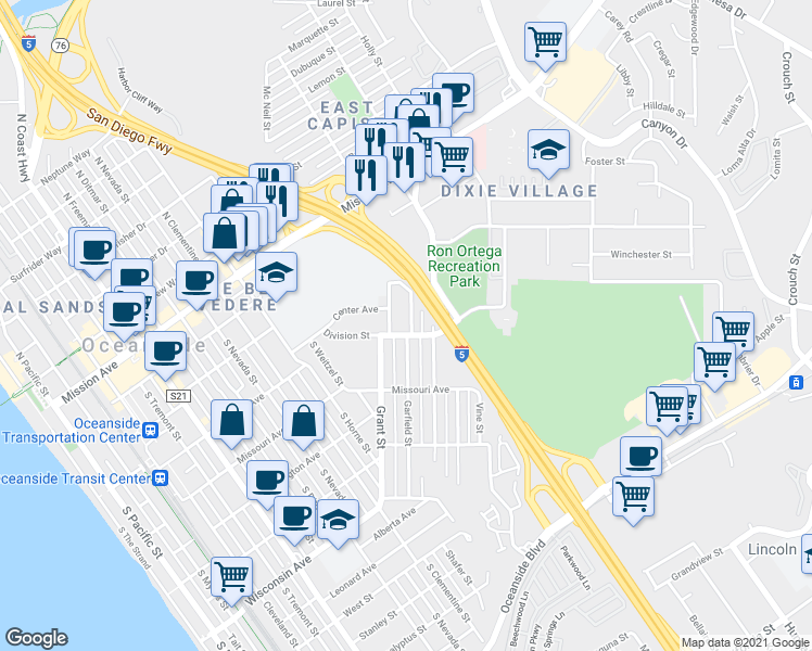 map of restaurants, bars, coffee shops, grocery stores, and more near 341 Garfield Street in Oceanside
