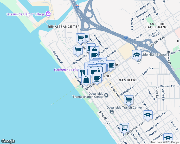 map of restaurants, bars, coffee shops, grocery stores, and more near 371 North Cleveland Street in Oceanside