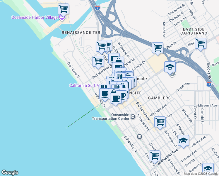 map of restaurants, bars, coffee shops, grocery stores, and more near 371 North Cleveland Street in Oceanside