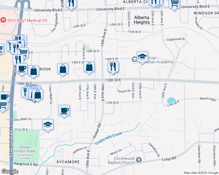 map of restaurants, bars, coffee shops, grocery stores, and more near 1515 Kicker Road in Tuscaloosa
