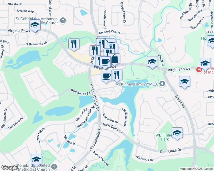 map of restaurants, bars, coffee shops, grocery stores, and more near 470 Mediterranean Drive in McKinney