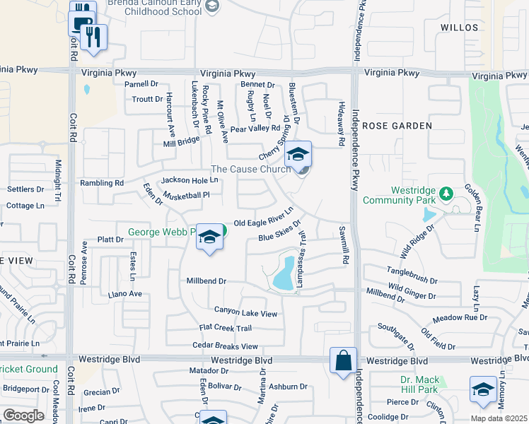 map of restaurants, bars, coffee shops, grocery stores, and more near 10225 Blackberry Street in McKinney