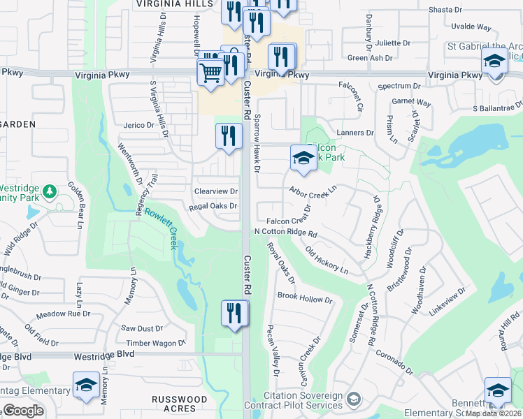 map of restaurants, bars, coffee shops, grocery stores, and more near 505 Audubon Drive in McKinney
