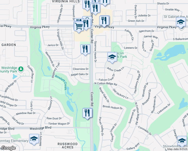 map of restaurants, bars, coffee shops, grocery stores, and more near 505 Audubon Drive in McKinney