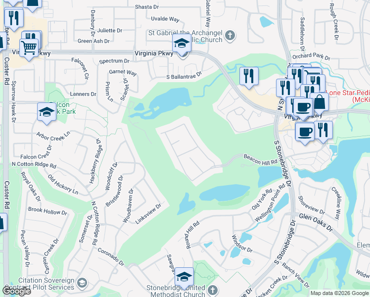 map of restaurants, bars, coffee shops, grocery stores, and more near 7600 Hilton Head Drive in McKinney