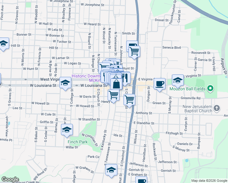 map of restaurants, bars, coffee shops, grocery stores, and more near 120 S Tennessee St in McKinney