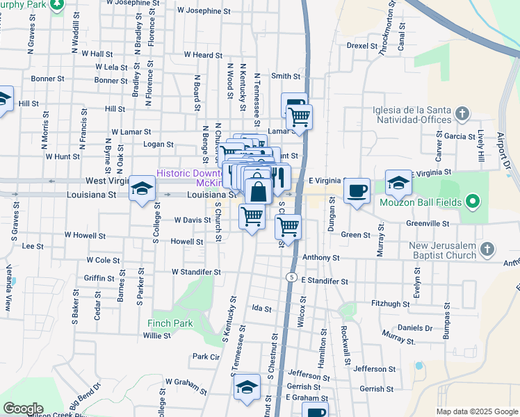 map of restaurants, bars, coffee shops, grocery stores, and more near 119 South Tennessee Street in McKinney