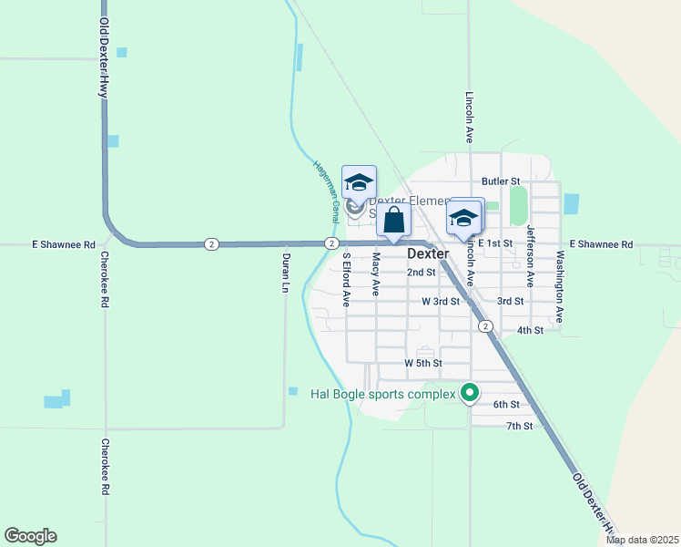 map of restaurants, bars, coffee shops, grocery stores, and more near 112 South Elford Avenue in Dexter