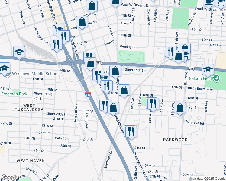 map of restaurants, bars, coffee shops, grocery stores, and more near 1711 23rd Avenue in Tuscaloosa