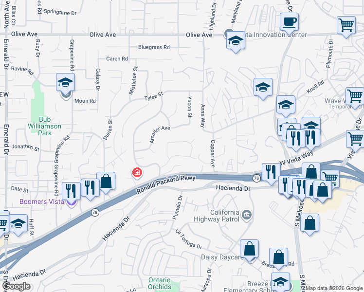 map of restaurants, bars, coffee shops, grocery stores, and more near 1120 Nash Lane in Vista