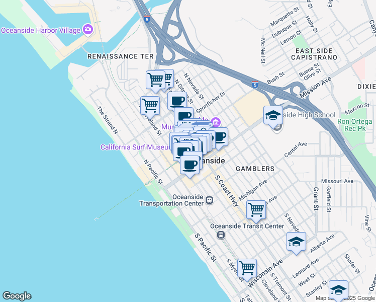 map of restaurants, bars, coffee shops, grocery stores, and more near 404 Pier View Way in Oceanside