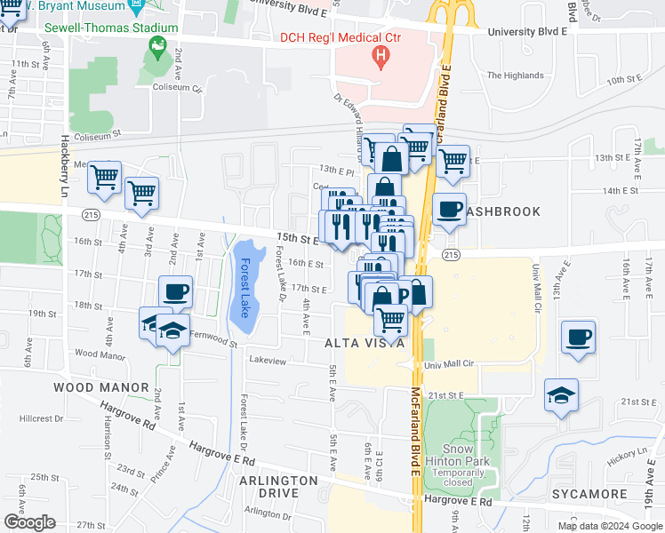 map of restaurants, bars, coffee shops, grocery stores, and more near 16th Street East in Tuscaloosa