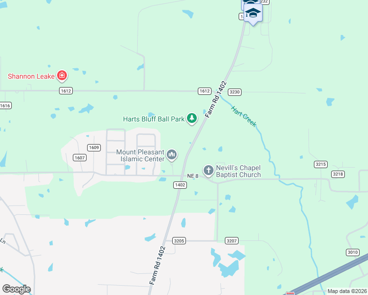 map of restaurants, bars, coffee shops, grocery stores, and more near Farm to Market 1402 in Mount Pleasant