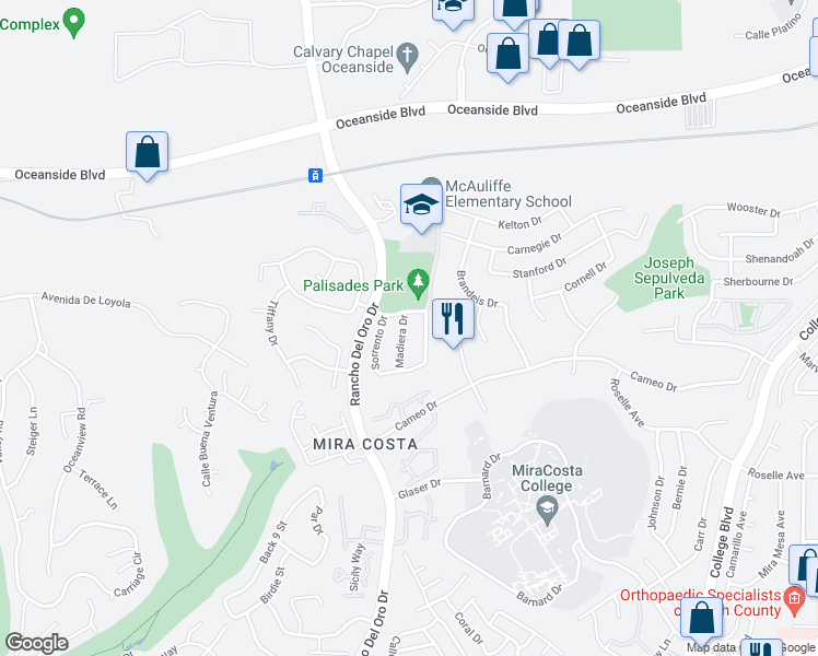map of restaurants, bars, coffee shops, grocery stores, and more near 2108 Madiera Drive in Oceanside