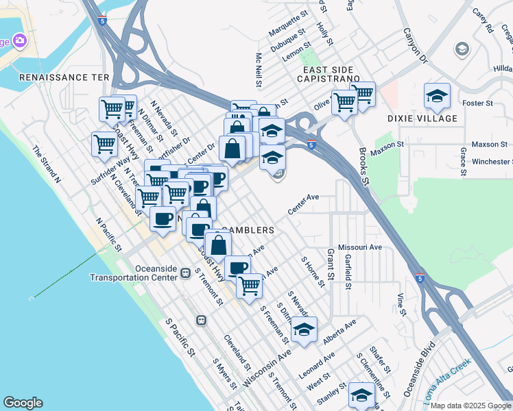 map of restaurants, bars, coffee shops, grocery stores, and more near 117 South Horne Street in Oceanside