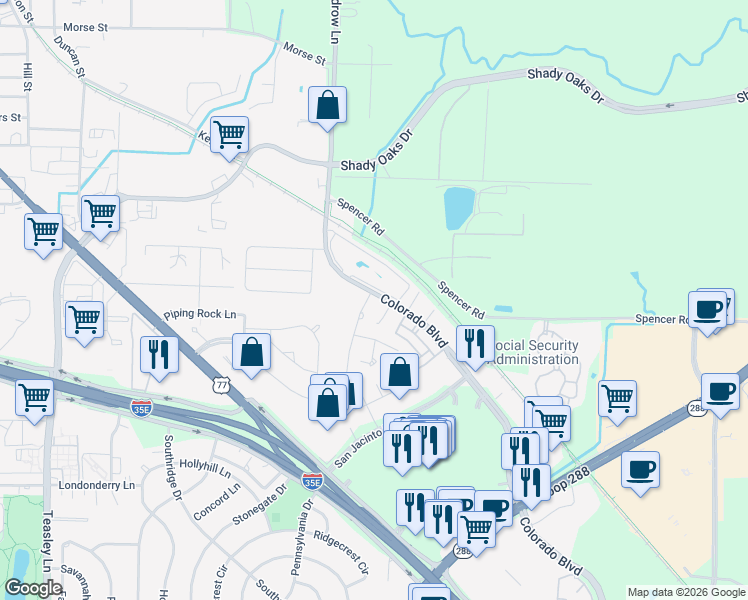 map of restaurants, bars, coffee shops, grocery stores, and more near 1500 Greenspoint Circle in Denton