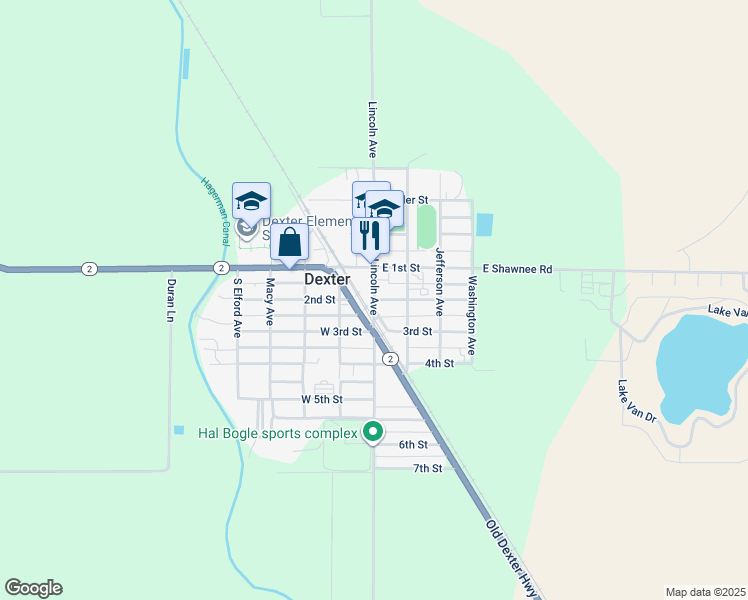 map of restaurants, bars, coffee shops, grocery stores, and more near 200 South Lincoln Avenue in Dexter