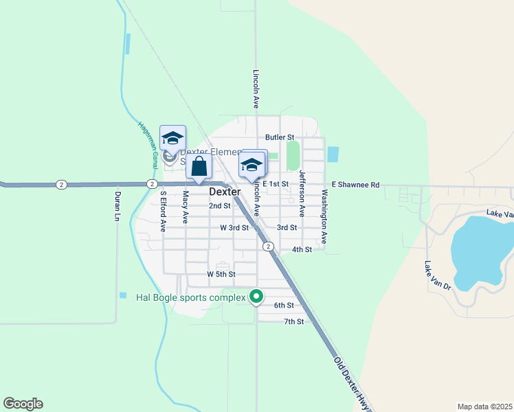 map of restaurants, bars, coffee shops, grocery stores, and more near 200 South Lincoln Avenue in Dexter